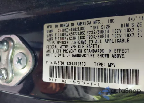 2015 Acura Rdx from USA, damaged, VIN 5J8TB4H32FL000913